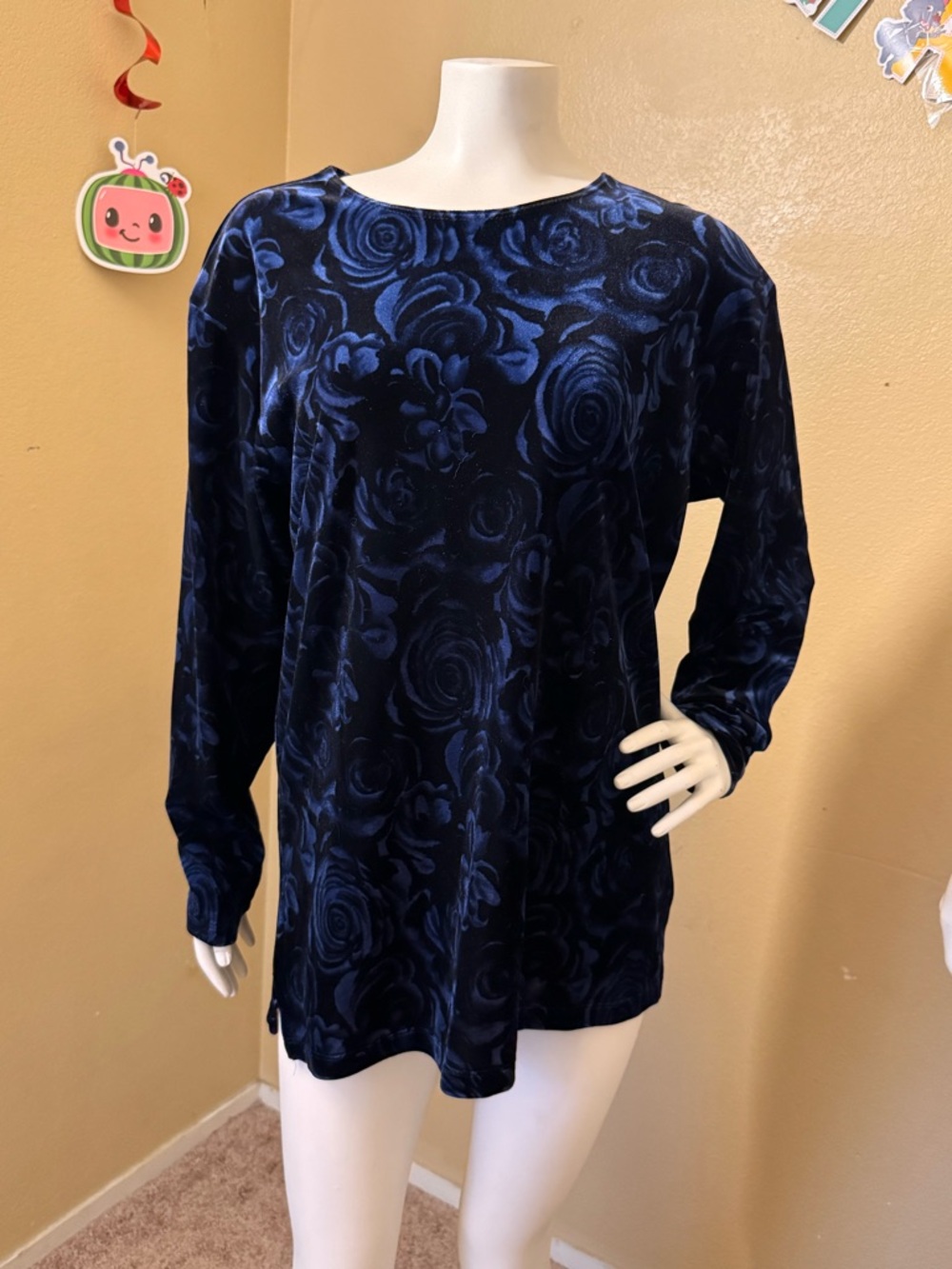 Women's Navy Floral Velvet Long-Sleeve Top